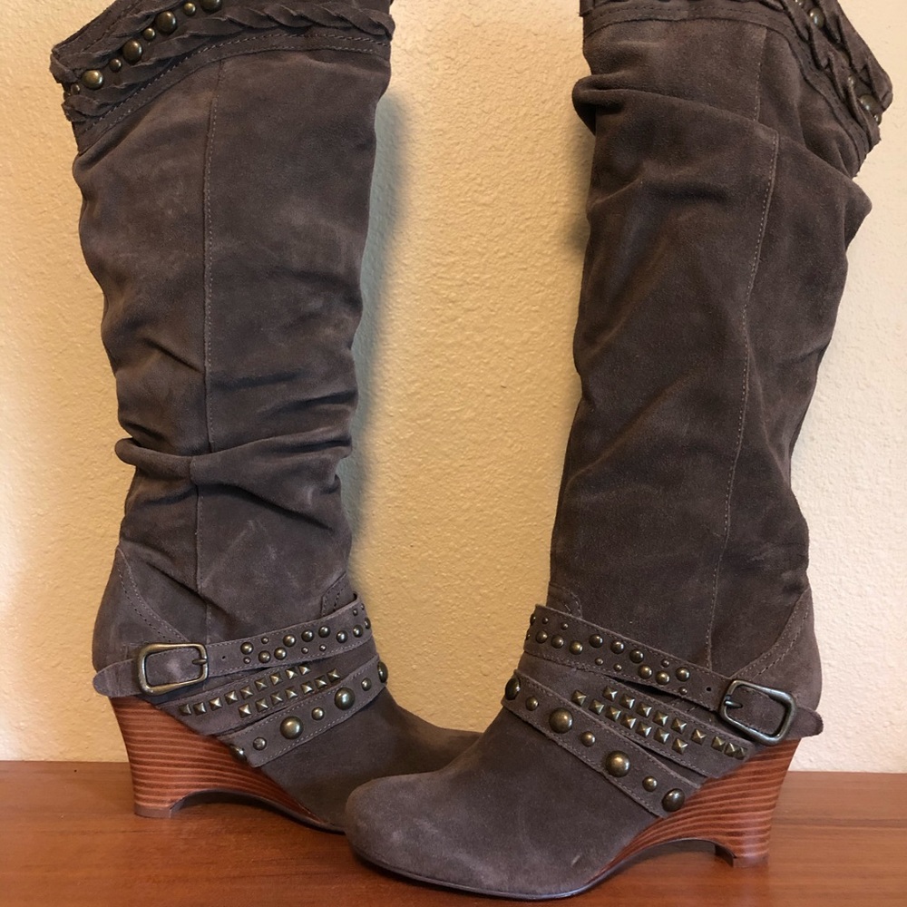 Brown Taupe Suede Wedge Boots by Naughty Monkey